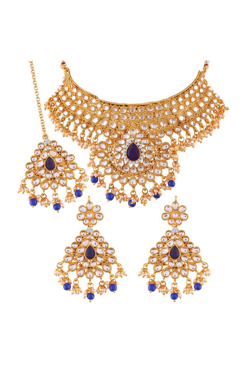 Alloy Choker Necklace Set with Maang Tikka in Blue