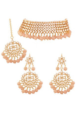 Alloy Necklace with Earrings and Maang Tikka in Pink
