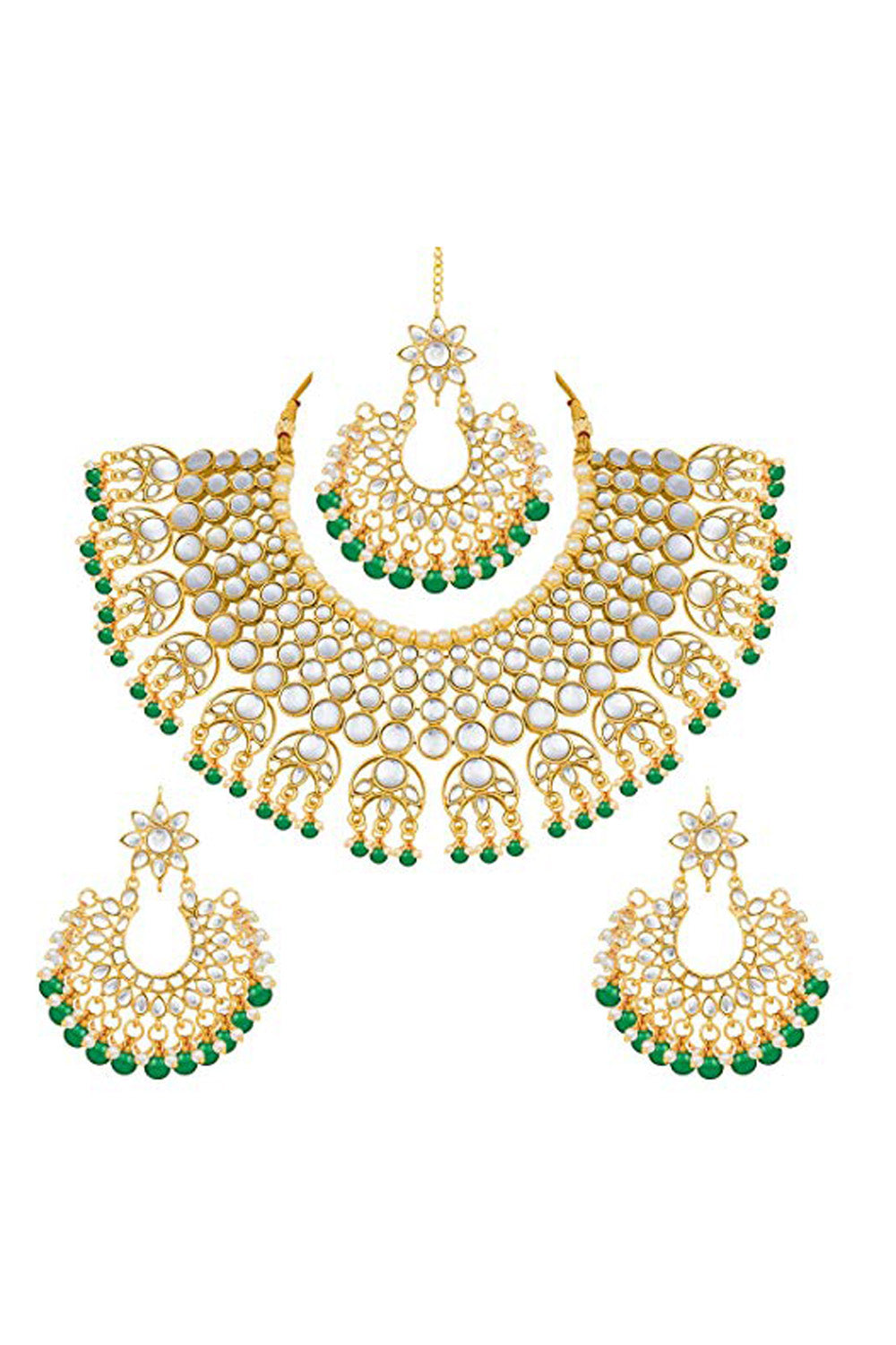 Alloy Necklace with Earrings and Maang Tikka in green