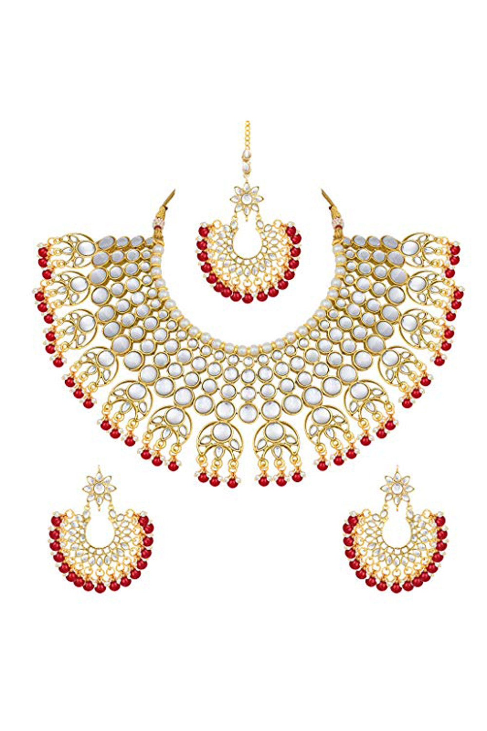 Alloy Necklace With Earrings And Maang Tikka In Red