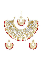 Alloy Necklace With Earrings And Maang Tikka In Red