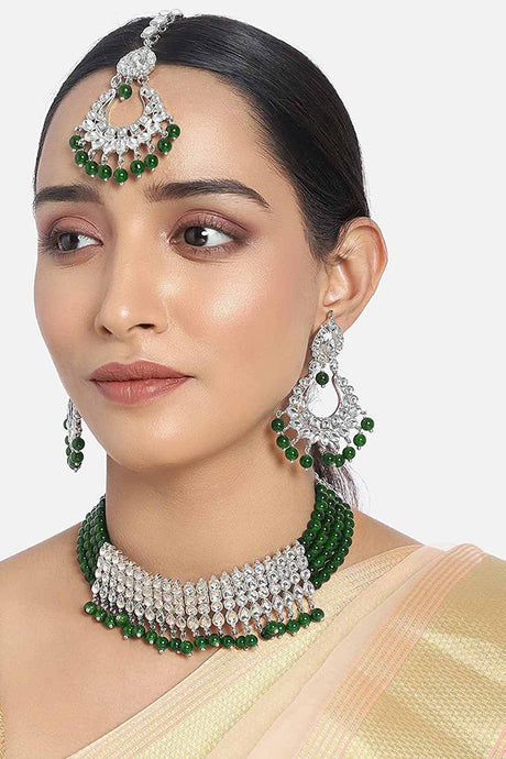Buy Women's Alloy Necklace Set in Silver and Green