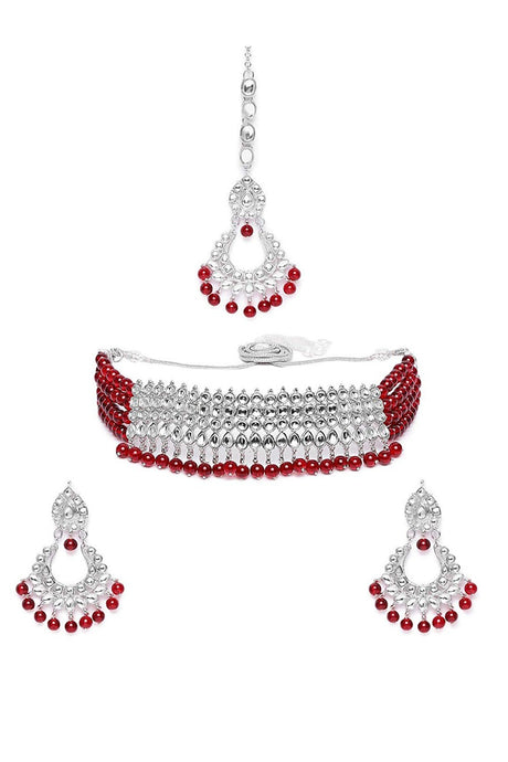 Shop Women's Necklace Set in Silver and Maroon