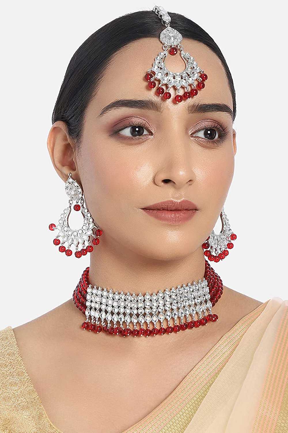 Buy Women's Alloy Necklace Set in Silver and Maroon
