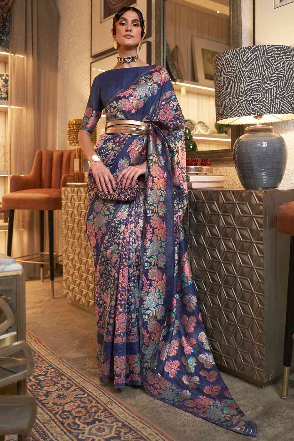 Buy Navy Blue Art Silk Floral Design Saree Online