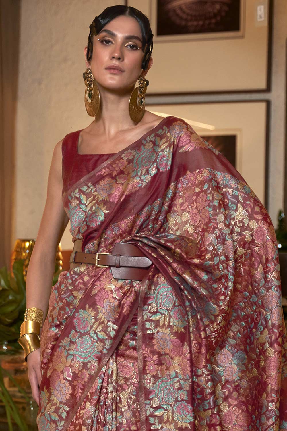 Buy Maroon Art Silk Floral Design Saree Online - Front