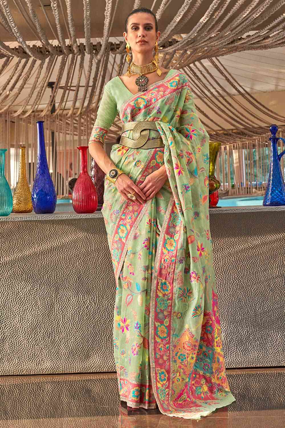 Buy Green Art Silk Botanical Design Saree Online