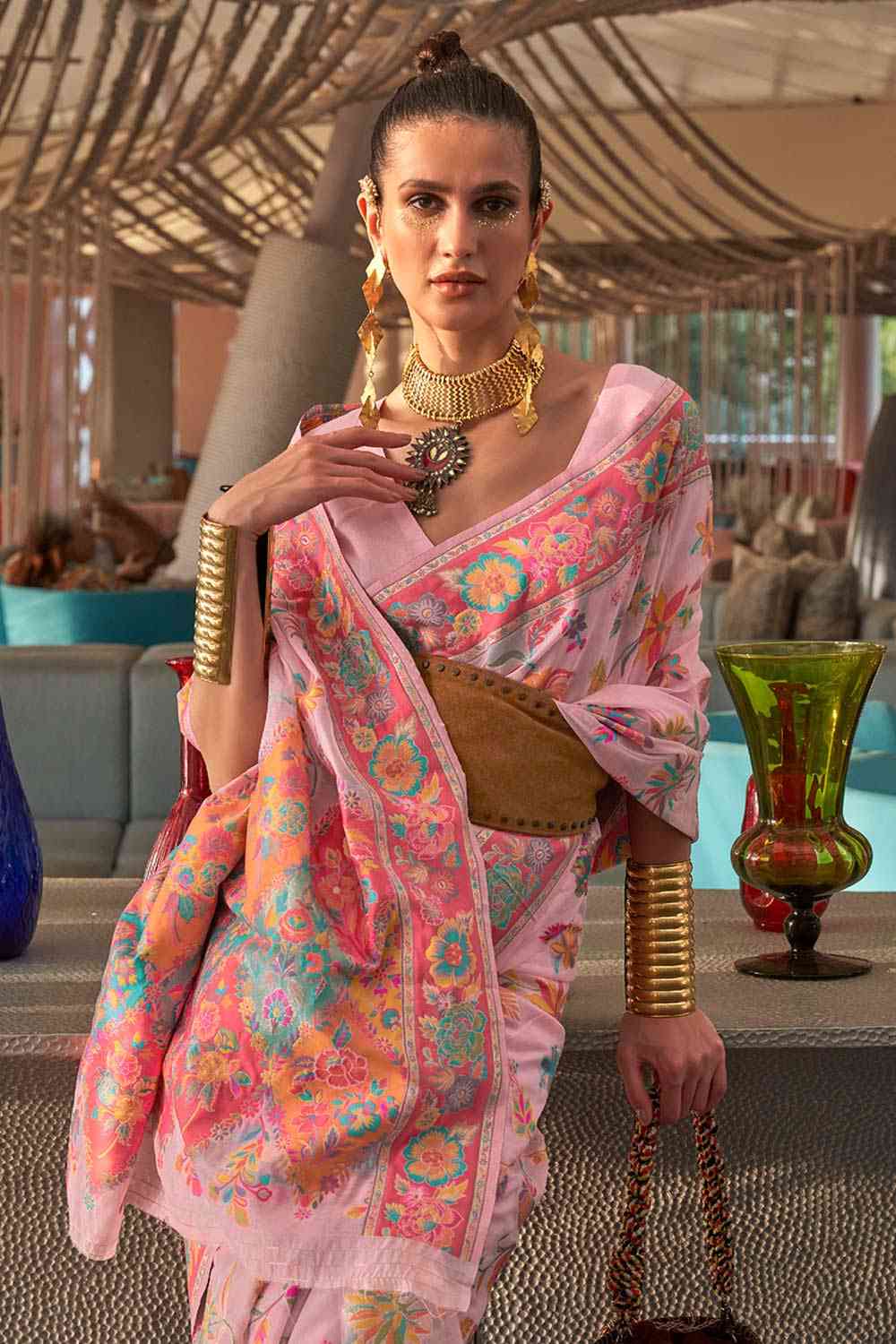 Buy Pink Art Silk Botanical Design Saree Online - Back