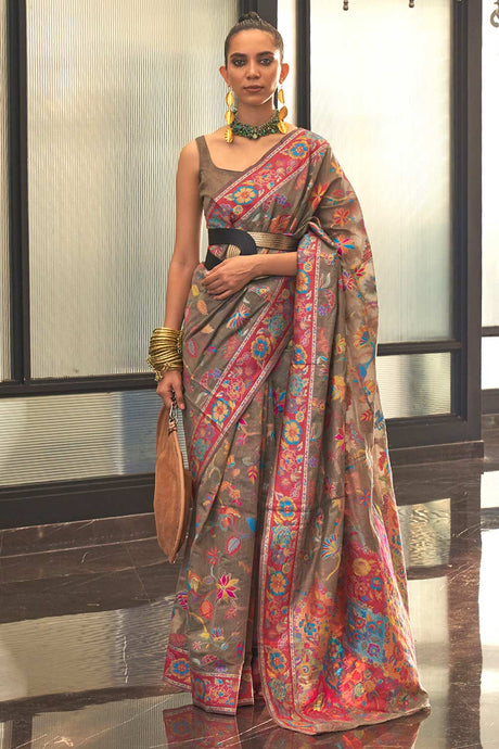 Buy Charcoal Grey Art Silk Botanical Design Saree Online