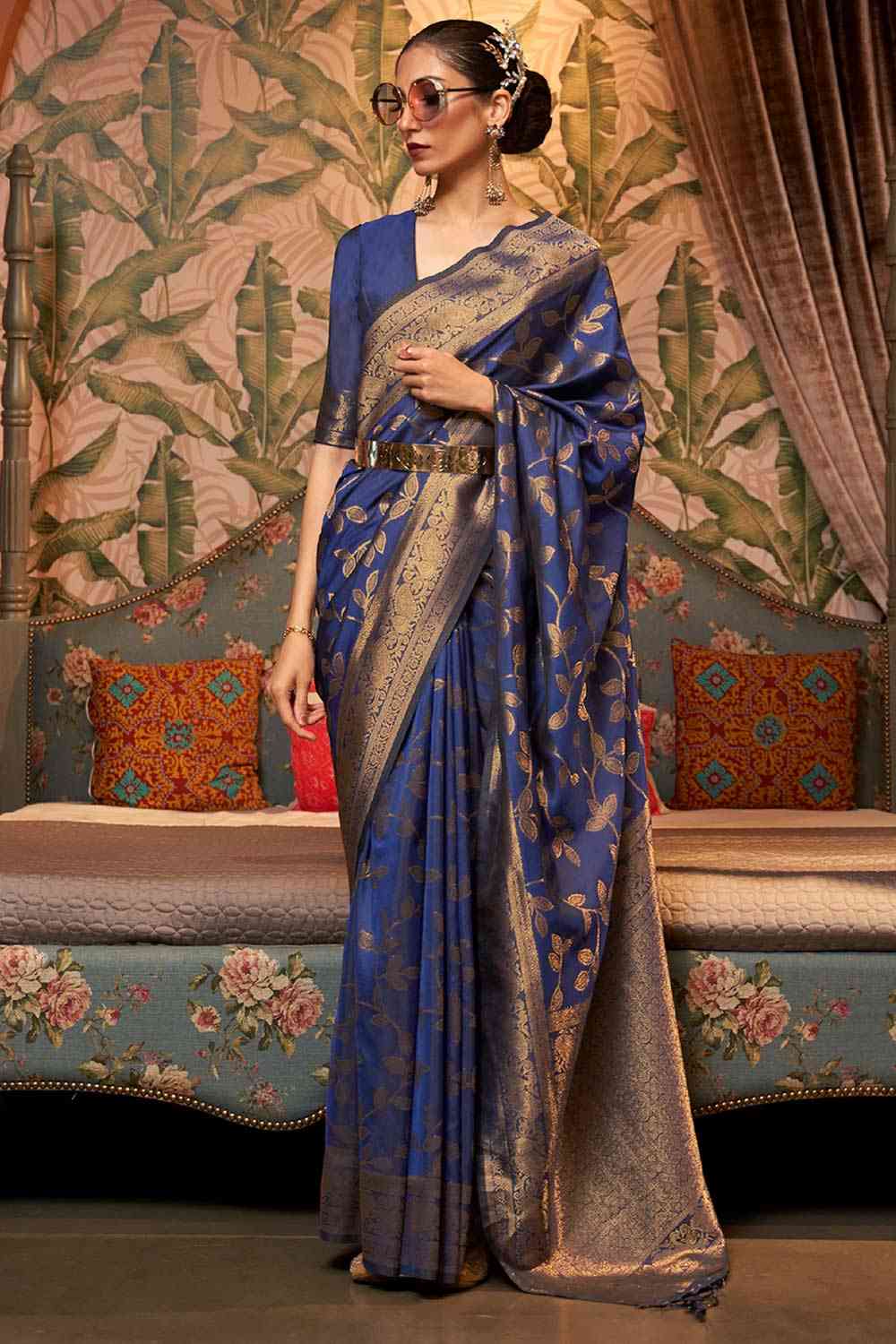 Buy Navy Blue Art Silk Ethnic Motif Design Saree Online