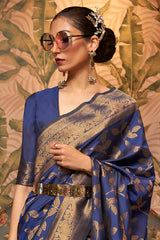 Buy Navy Blue Art Silk Ethnic Motif Design Saree Online - Front