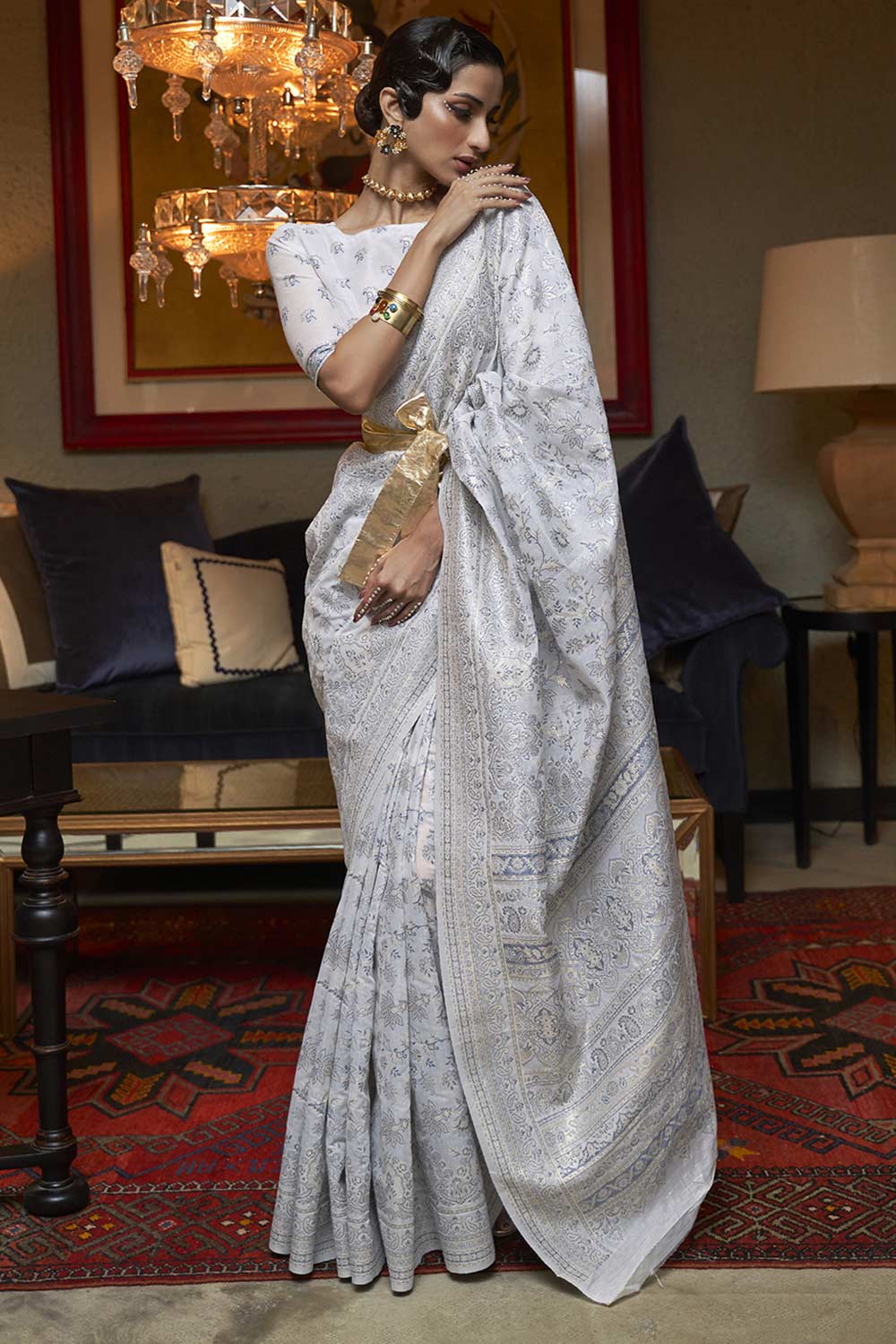 Buy Grey Art Silk Ethnic Motif Design Saree Online