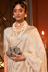 Cream Silk Blend Ethnic Motif Woven Design Banarasi Saree