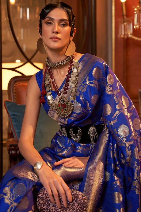 Navy Blue Silk Blend Ethnic Motif Woven Design Banarasi Saree