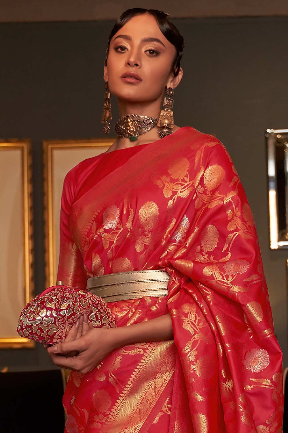 Red Silk Blend Ethnic Motif Woven Design Banarasi Saree