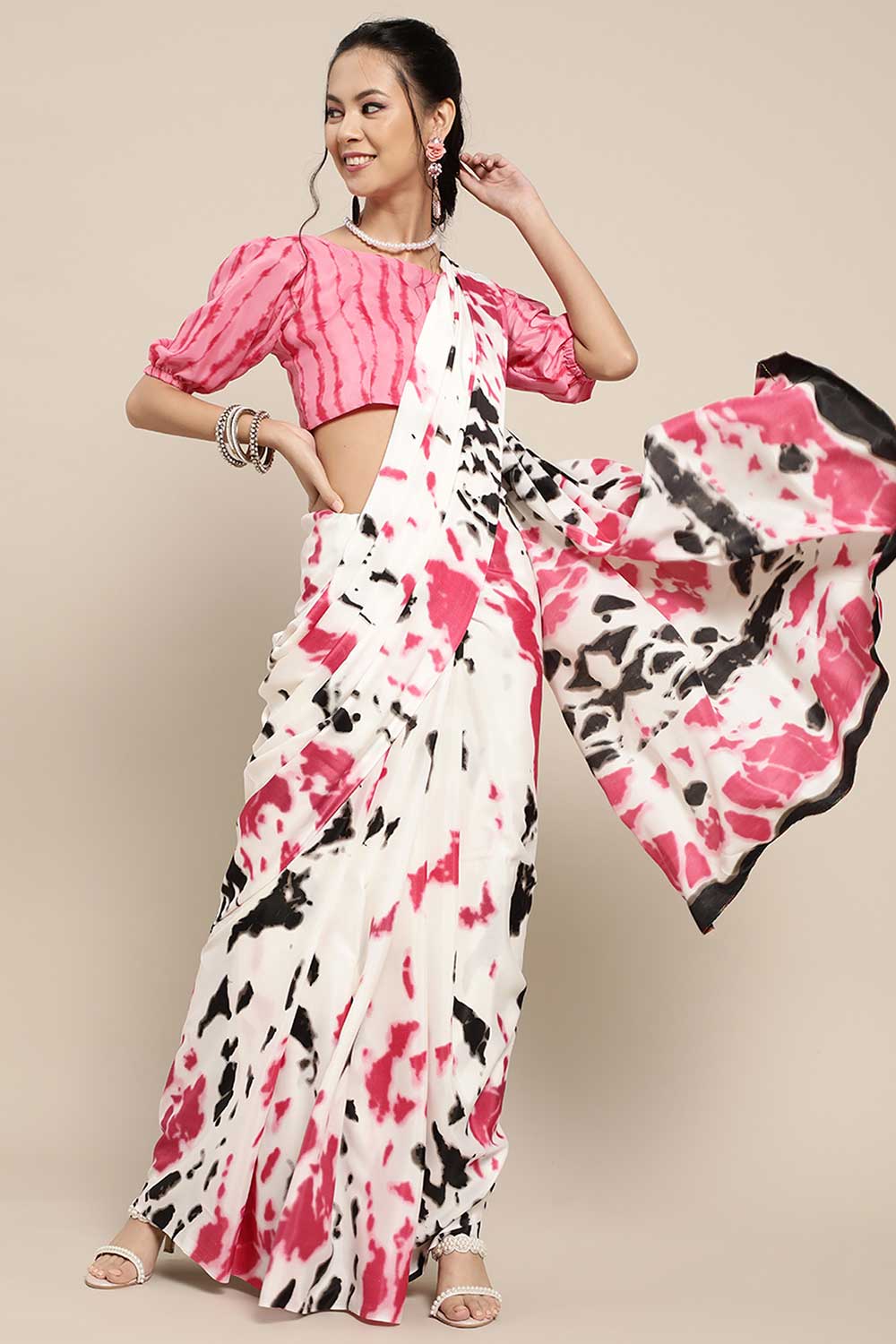 Off White Crepe Tie Dye Digital Print Saree