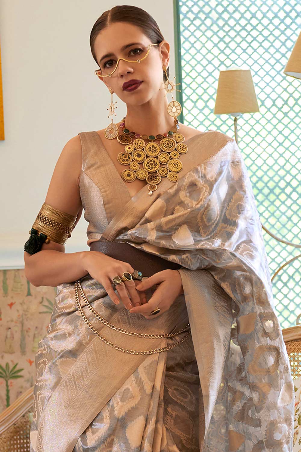 Buy Grey Tissue Geometric Design Saree Online - Front