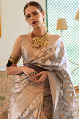 Buy Grey Tissue Geometric Design Saree Online - Front