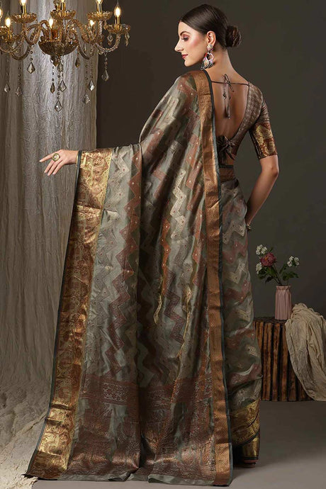 Grey Silk Blend Geometric Woven Design Bagru Saree