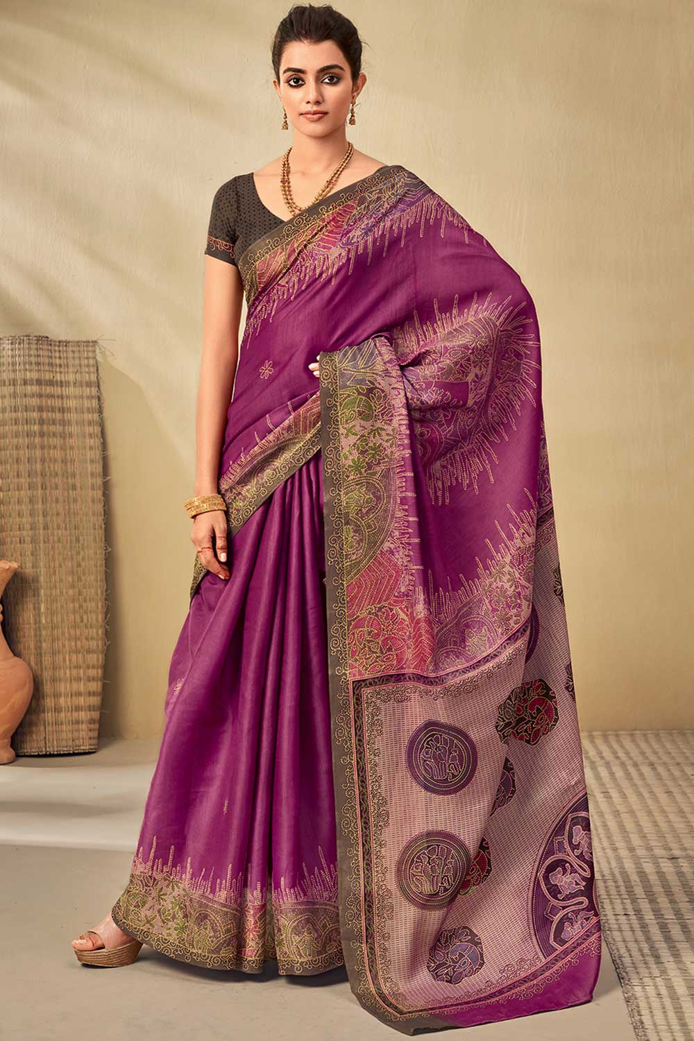 Tussar Silk Magenta Printed Celebrity Saree