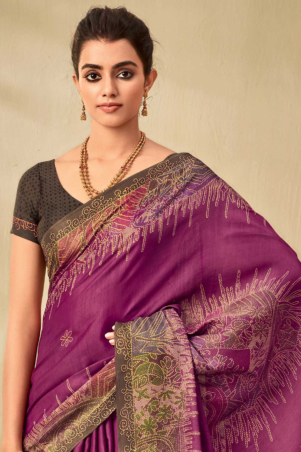 Tussar Silk Magenta Printed Celebrity Saree