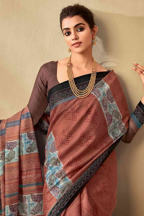 Brown Tussar Silk Polka Dot Print Muga Saree