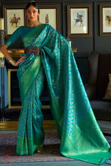 Teal Blue Silk Blend Paisley Woven Design Dharmavaram Saree