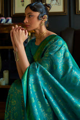 Teal Blue Silk Blend Paisley Woven Design Dharmavaram Saree