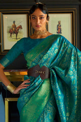 Teal Blue Silk Blend Paisley Woven Design Dharmavaram Saree