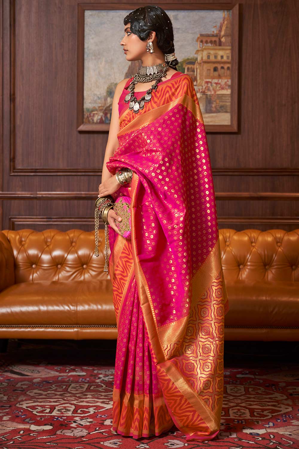 Pink Silk Blend Paisley Woven Design Banarasi Saree