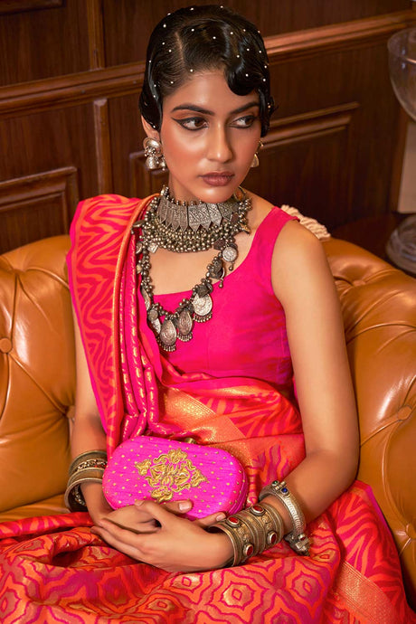 Pink Silk Blend Paisley Woven Design Banarasi Saree