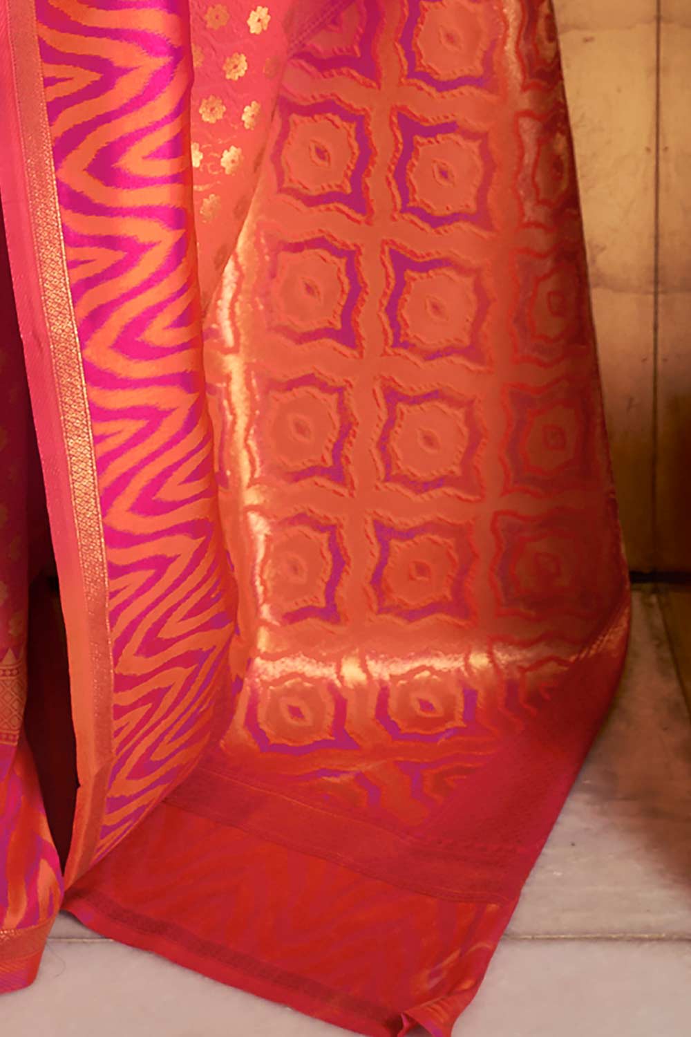 Peach Silk Blend Paisley Woven Design Banarasi Saree