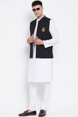 Buy Men's Merino Eid Mubarak Embroidery 3 Piece Set in White - Front