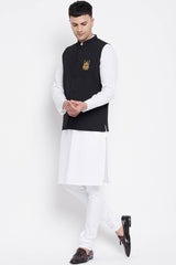 Buy Men's Merino Eid Mubarak Embroidery 3 Piece Set in White - Back