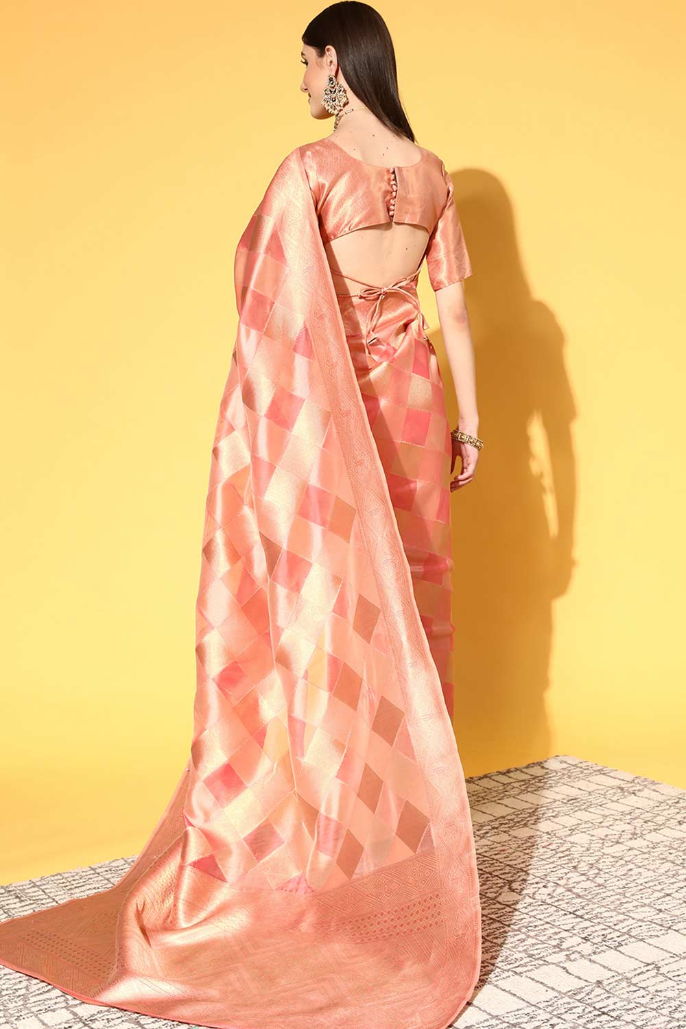 Buy Peach Organza Checkered Design Saree Online - Back