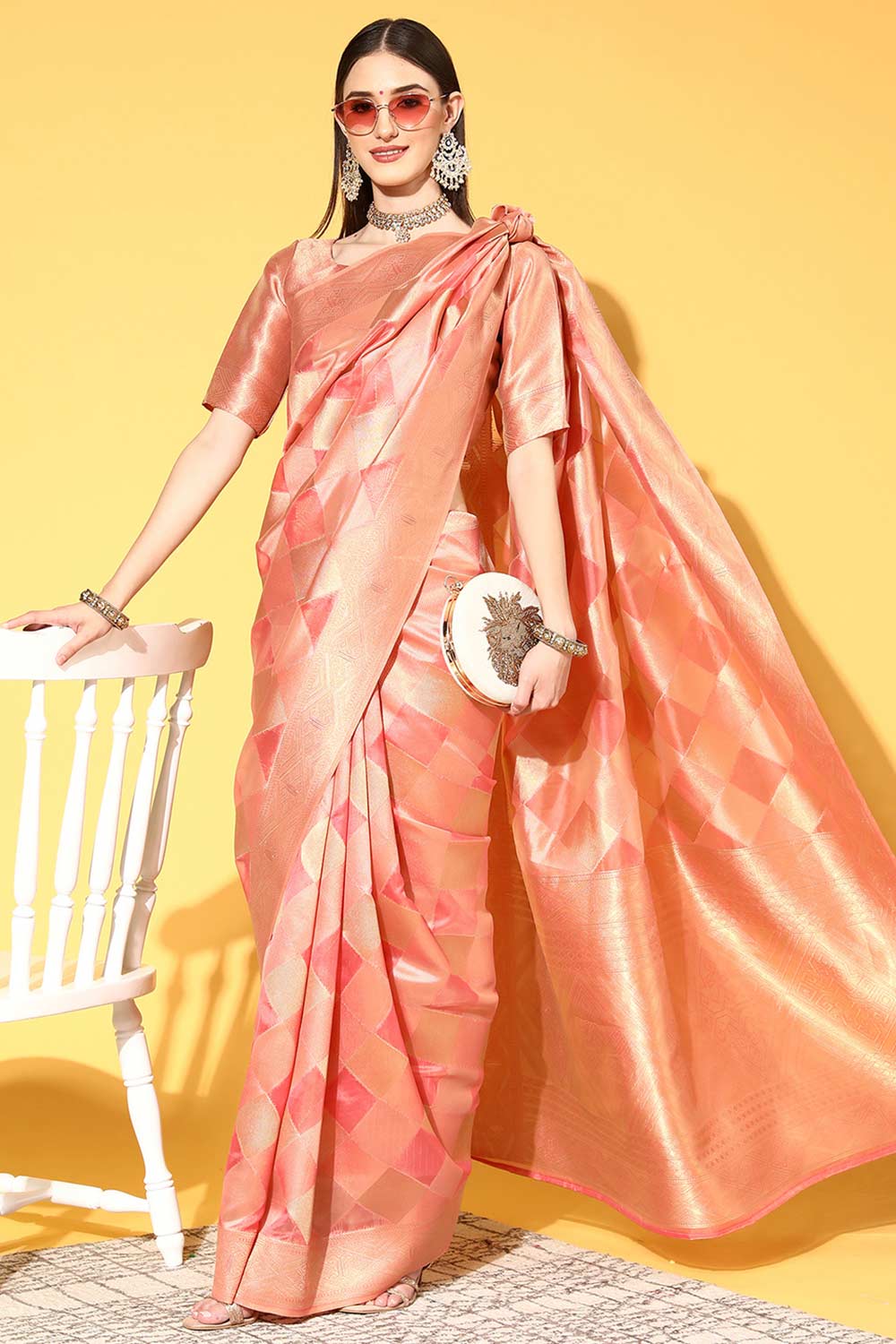 Buy Peach Organza Checkered Design Saree Online - Front