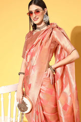 Buy Peach Organza Checkered Design Saree Online - Side