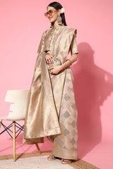 Buy Grey Organza Checkered Design Saree Online - Front