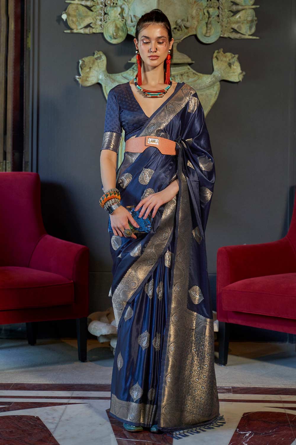 Buy Navy Blue Art Silk Bagh Design Saree Online - Back