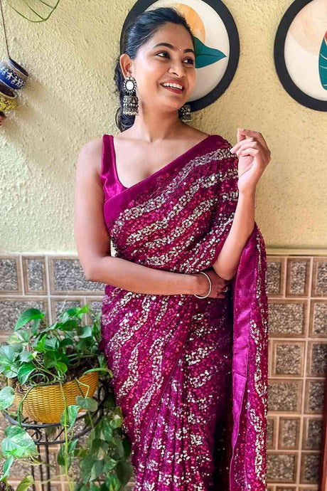 Buy Purple Georgette Sequin Saree Online - Back