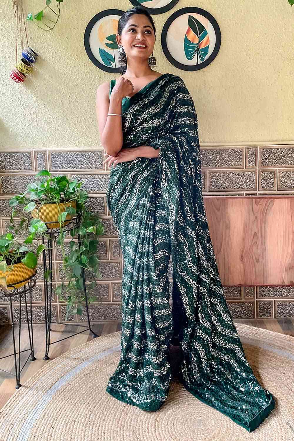 Buy Green Georgette Sequin Saree Online