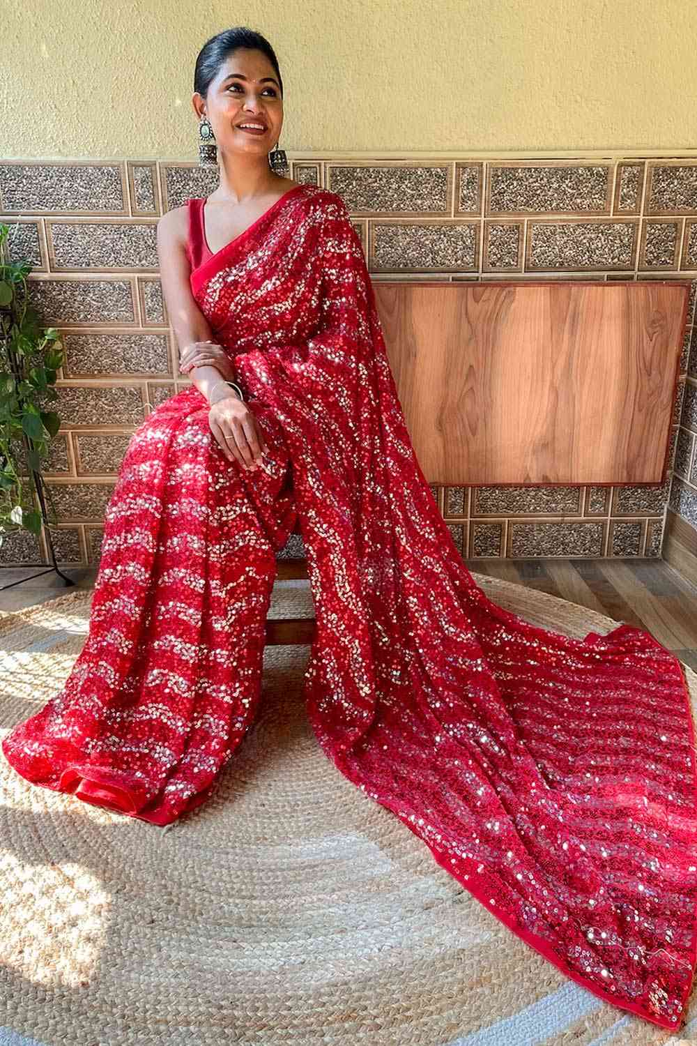 Buy Red Georgette Sequin Saree Online - Back