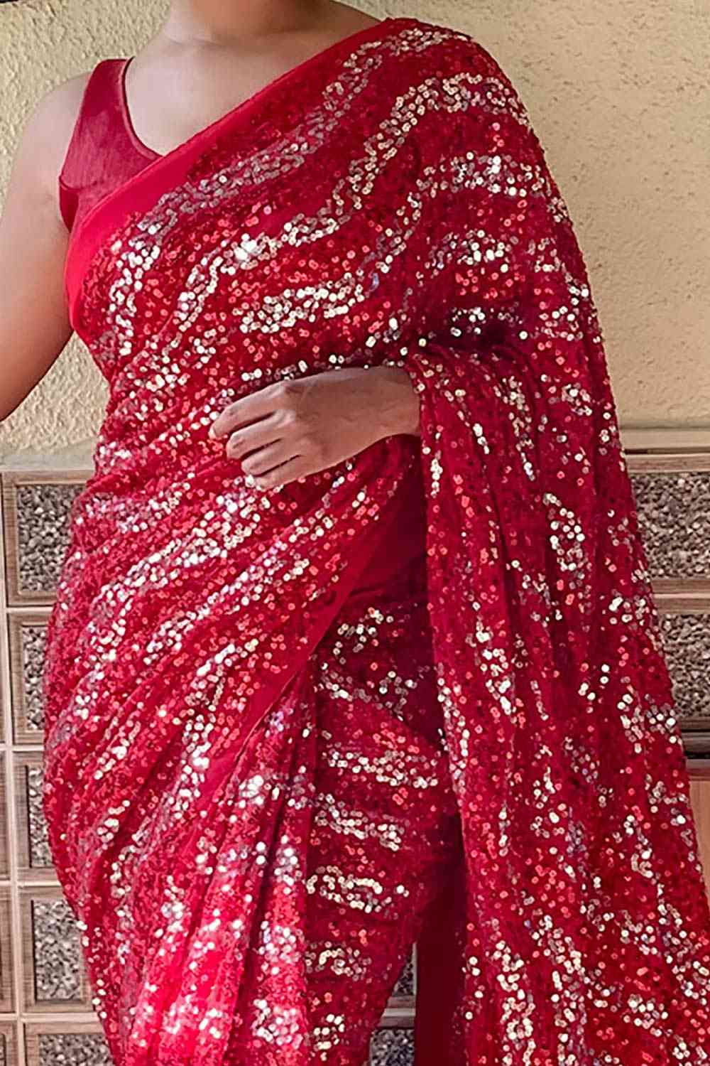 Buy Red Georgette Sequin Saree Online - Side