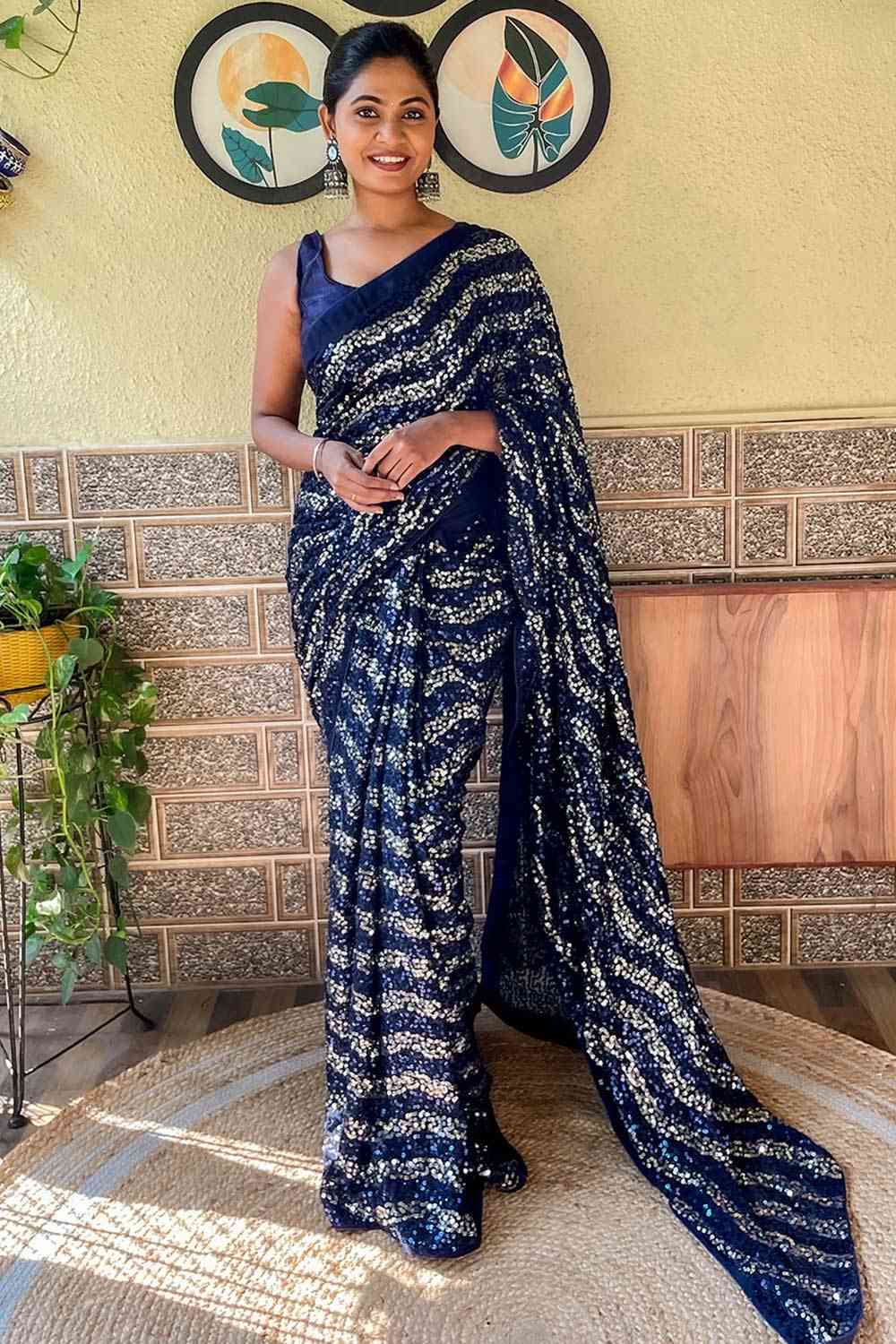 Buy Navy Blue Georgette Sequin Saree Online