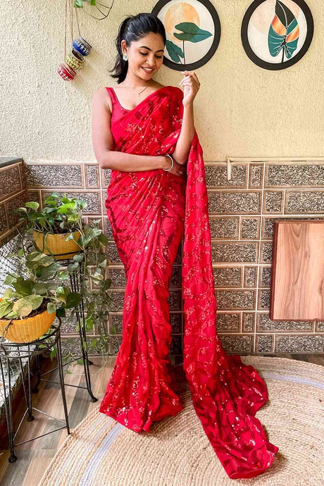 Buy Red Georgette Sequin Saree Online