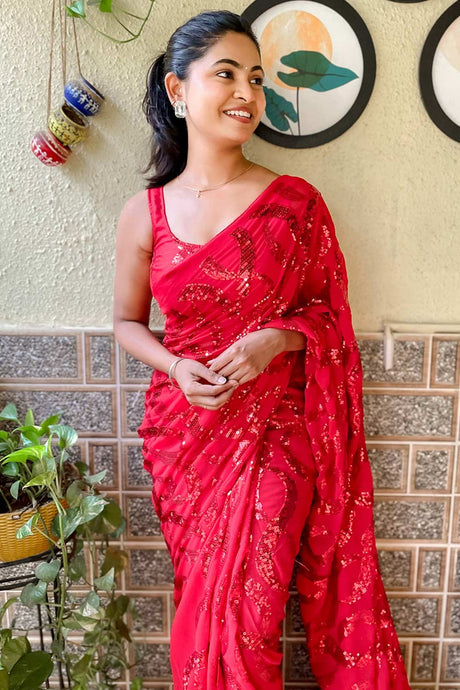 Buy Red Georgette Sequin Saree Online - Back