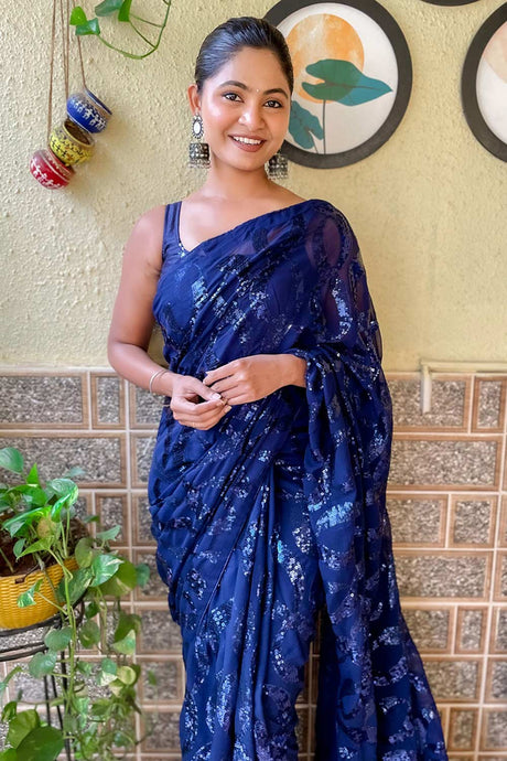 Buy Navy Blue Georgette Sequin Saree Online - Back