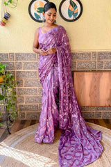 Buy Lavender Georgette Sequin Saree Online - Back