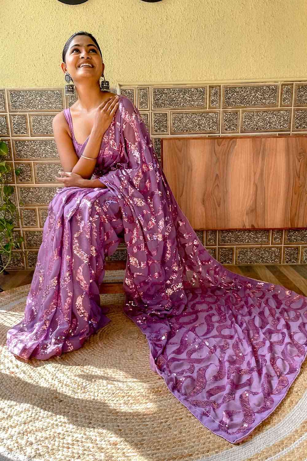 Buy Lavender Georgette Sequin Saree Online - Front