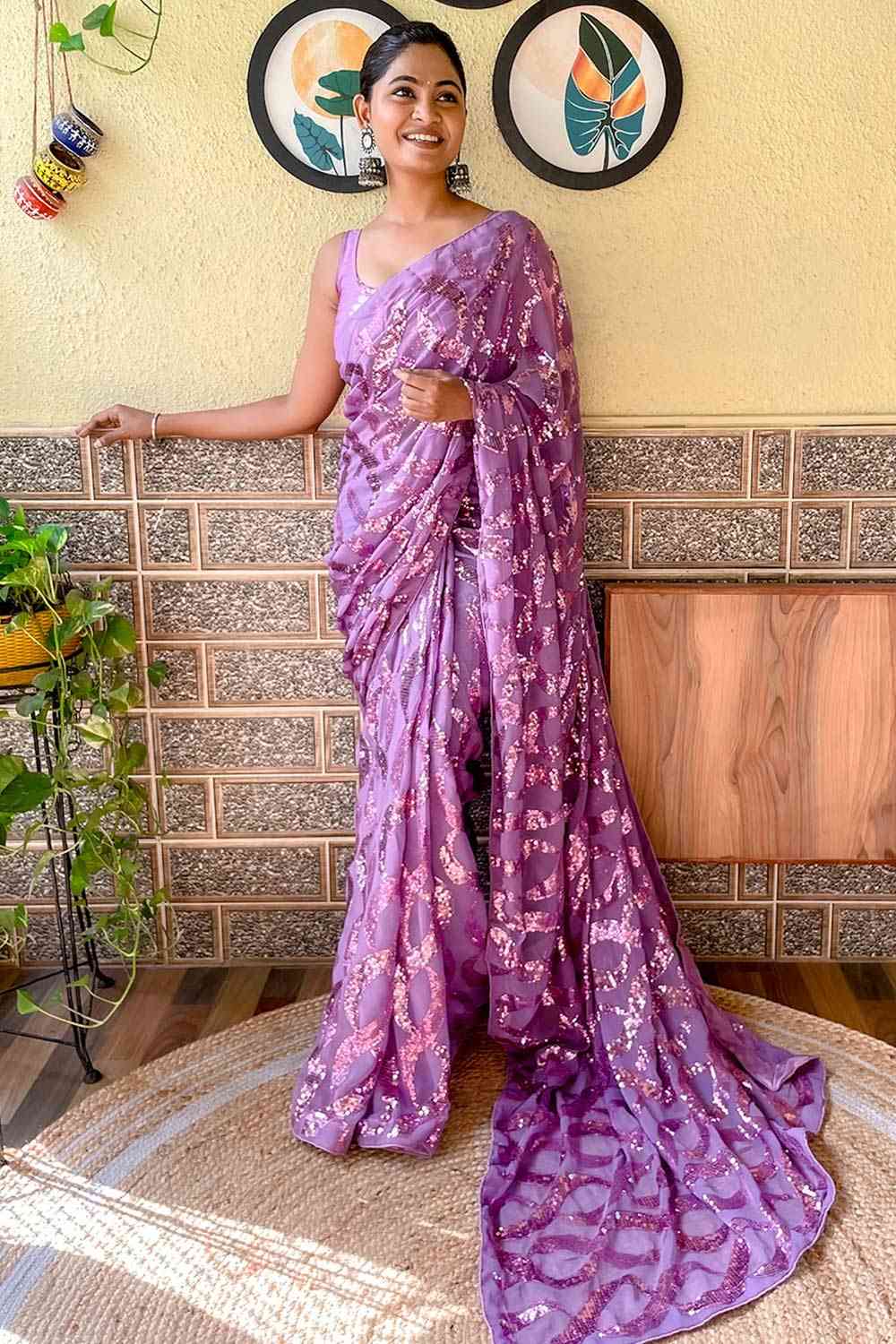 Buy Lavender Georgette Sequin Saree Online - Zoom In